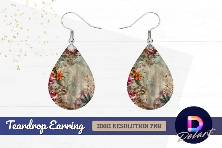 Floral grunge background with vintage Teardrop Earring PNG