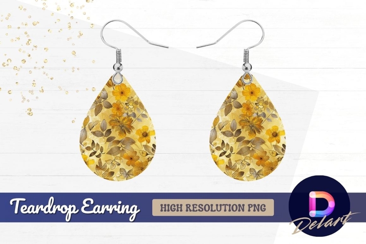 Golden floral pattern design with Teardrop Earring PNG