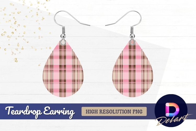 Pink and brown plaid checkered fabric Teardrop Earring PNG