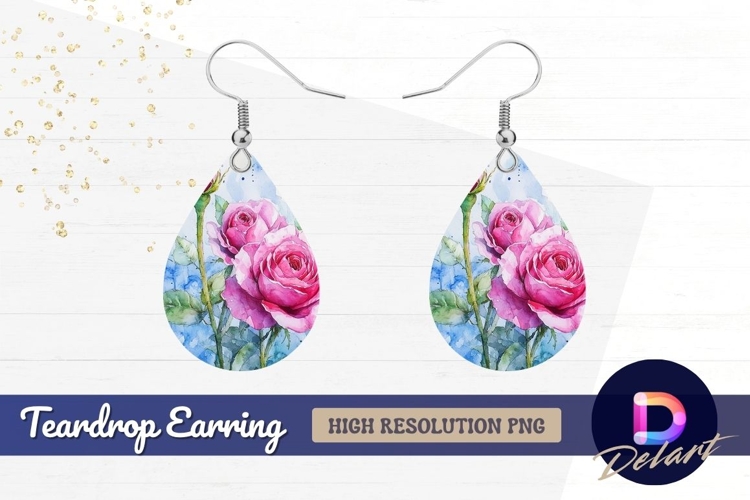 Pink roses watercolor painting with Teardrop Earring PNG