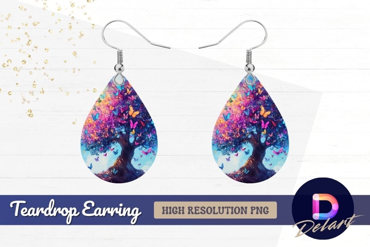 Butterfly tree colorful whimsical Teardrop Earring PNG