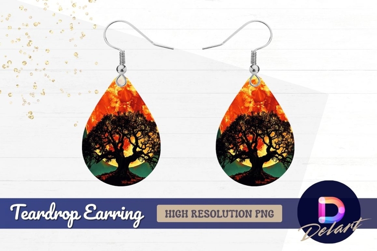 Tree silhouette with glowing lunar Teardrop Earring PNG