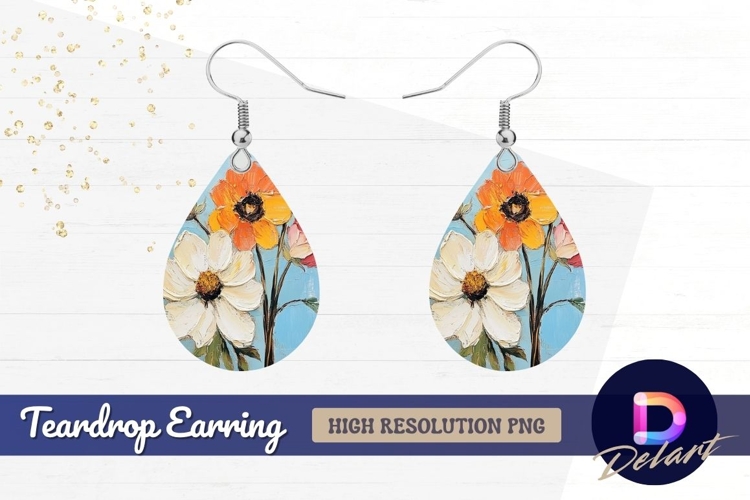 Impasto floral oil painting with blue Teardrop Earring PNG