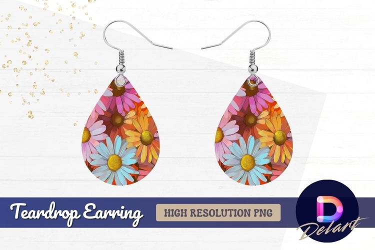 Colorful floral daisy pattern Teardrop Earring PNG