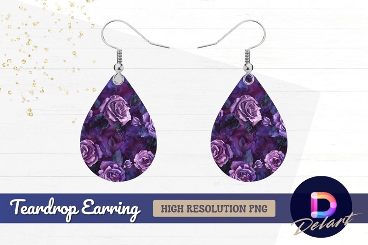 Purple roses floral pattern Teardrop Earring PNG