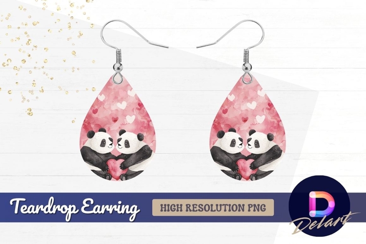 Watercolor pandas love heart valentines Teardrop Earring PNG