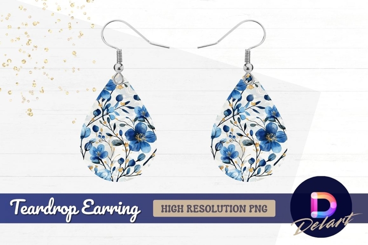 Blue floral watercolor background with Teardrop Earring PNG