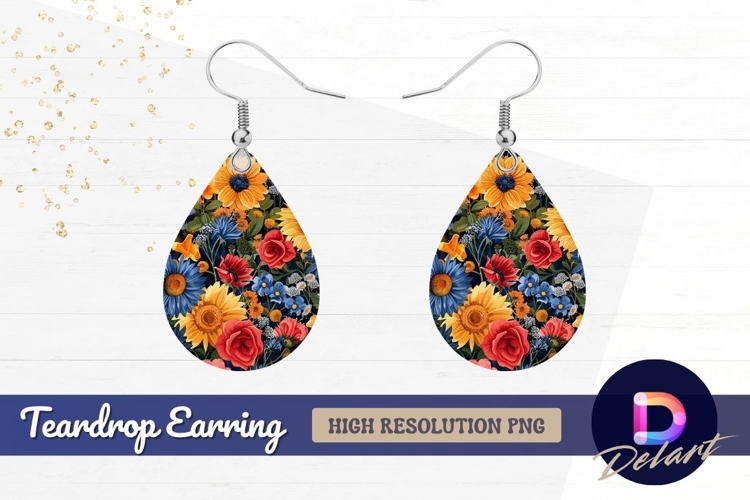 Vibrant floral pattern with sunflowers Teardrop Earring PNG