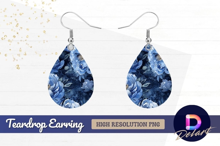 Blue peonies watercolor floral Teardrop Earring PNG