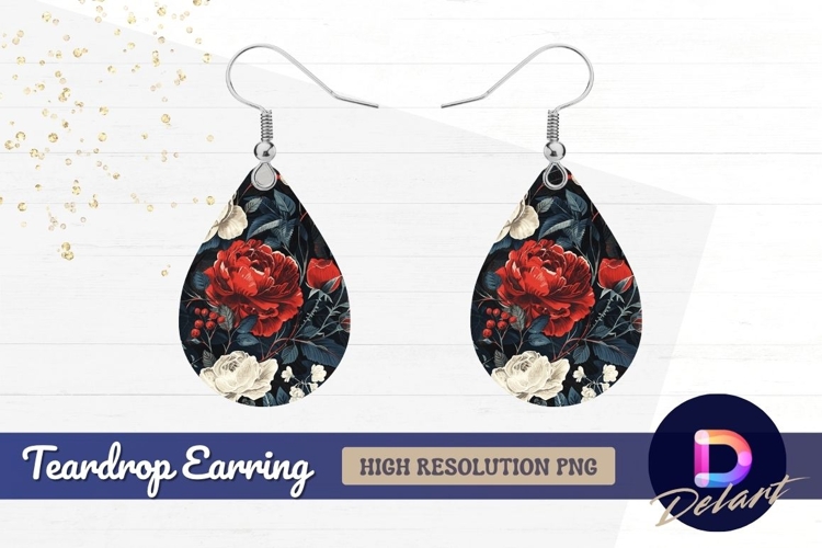 Dark floral pattern with red and white Teardrop Earring PNG