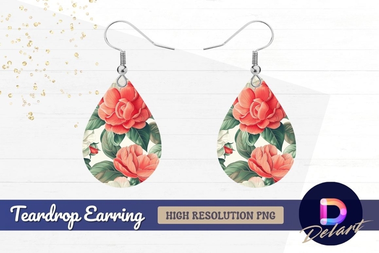 Floral pattern with red and white Teardrop Earring PNG