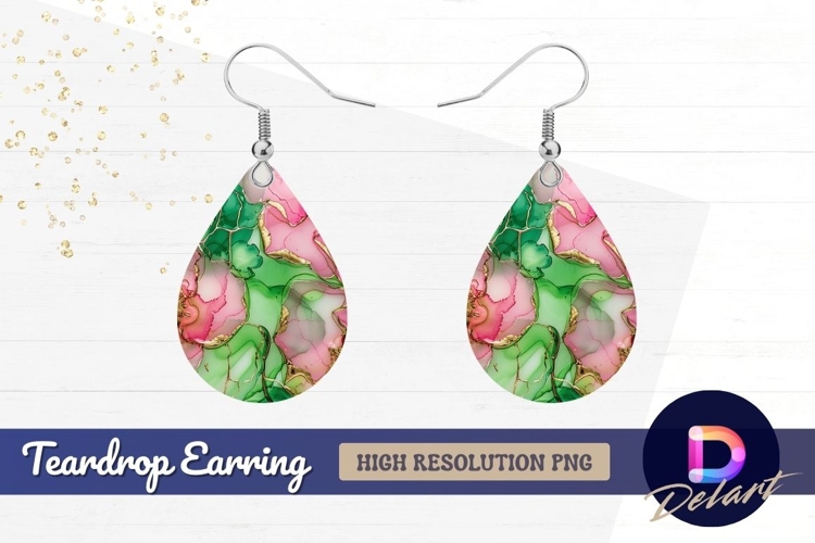 Pink green and gold abstract art Teardrop Earring PNG