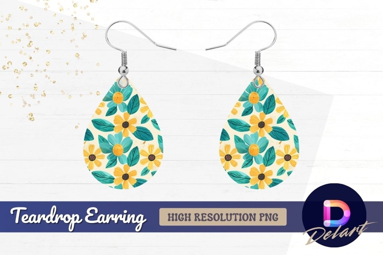 Floral pattern with yellow and teal Teardrop Earring PNG