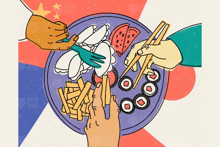 Multicultural Food Sharing Vector Illustration example image 1