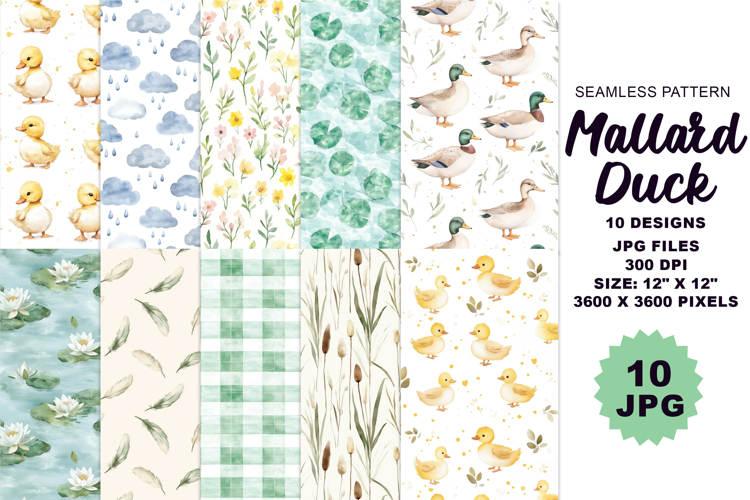 Mallard Duck Watercolor Seamless Pattern 10 JPG Lake in Park