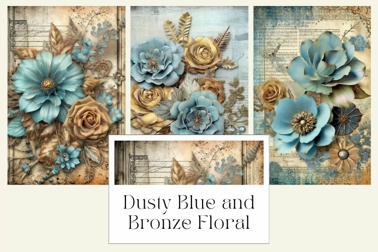 Dusty Blue and Bronze Floral Junk Journal Pages