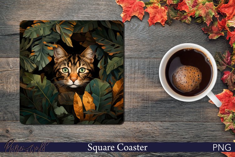 Cat and Autumn Leaves Square Coaster | Fall Design example image 1