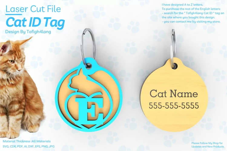 E | Cat ID Tag | Cat ID Tag Slide On Collar| laser cut | SVG