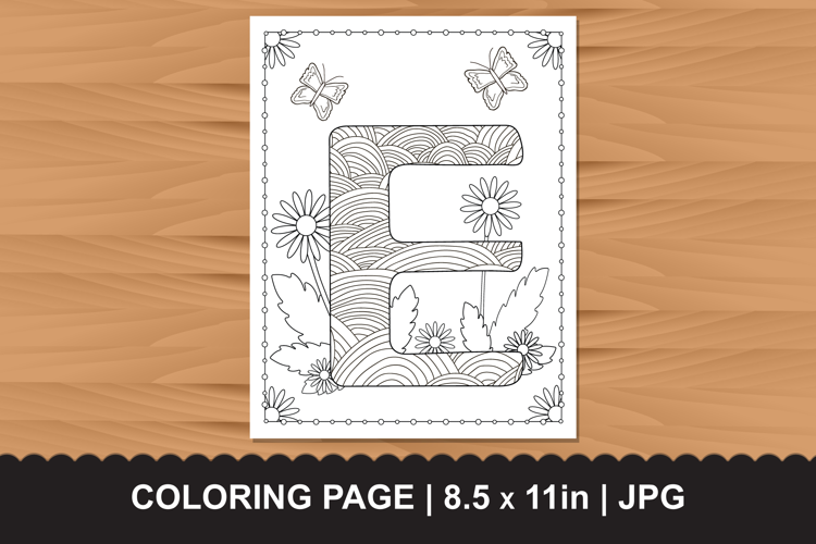 Letter E Coloring Page with Butterflies and Flowers
