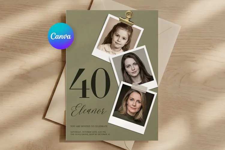 40th Birthday Invitation Photo Template, Editable Canva