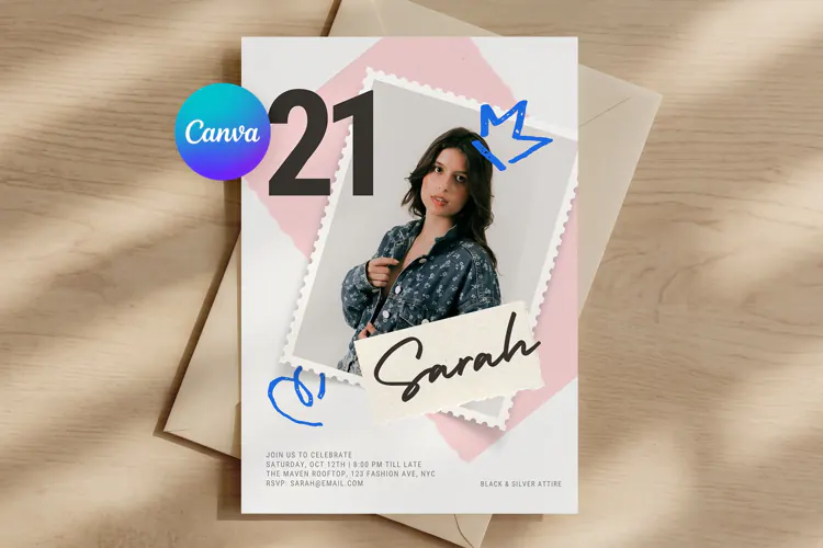 Photo Birthday Invitation Template, Editable Canva Card