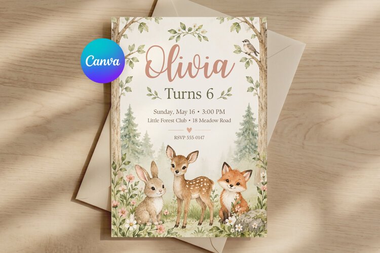 Woodland Animals Birthday Invitation Canva Template example image 1