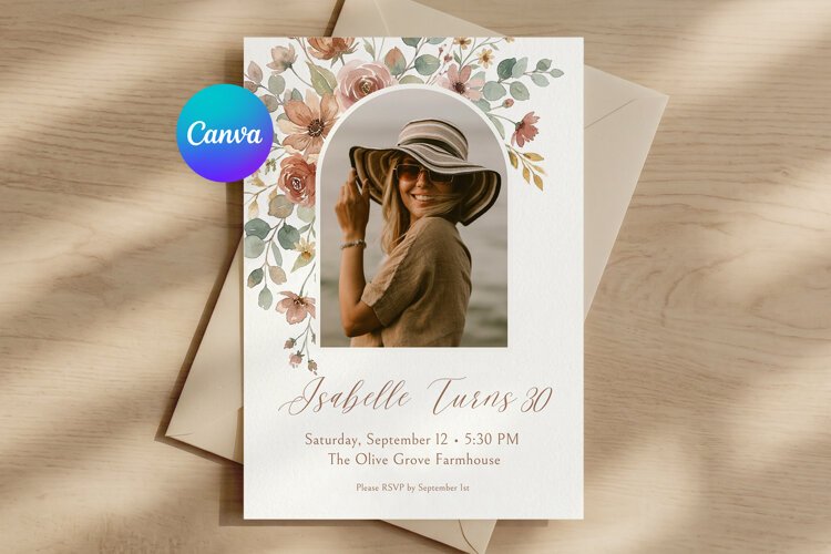 Floral Photo Birthday Invitation Canva Template example image 1