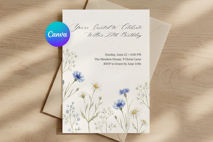 Wildflower Birthday Invitation Canva Template, Editable example image 1