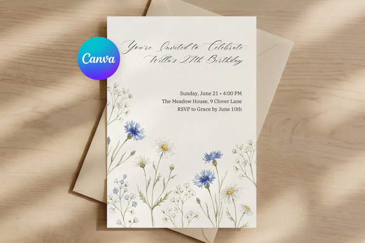Wildflower Birthday Invitation Canva Template, Editable