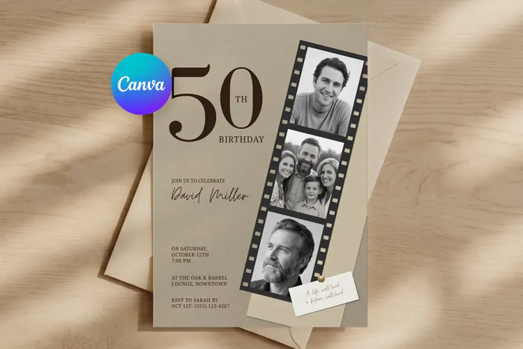 Film Strip Photo Birthday Invitation Canva Template