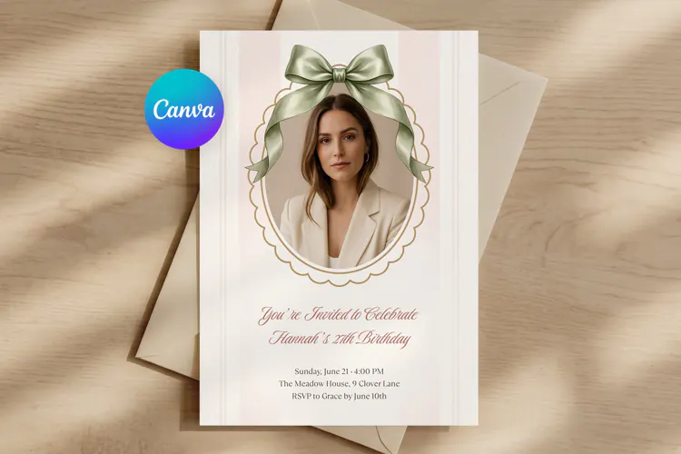 Photo Birthday Invitation Canva Template, Editable Bow Frame