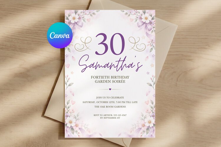 Pastel Purple Floral Bow Birthday Invitation Canva Template example image 1