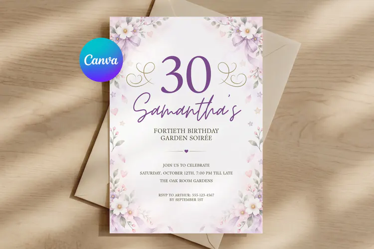 Pastel Purple Floral Bow Birthday Invitation Canva Template