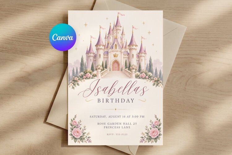 Princess Castle Birthday Invitation Template, Editable Canva example image 1