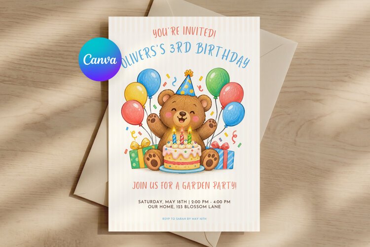 Teddy Bear Birthday Invitation Template Editable example image 1