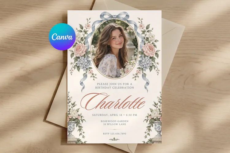 Vintage Floral Birthday Invitation Canva Template