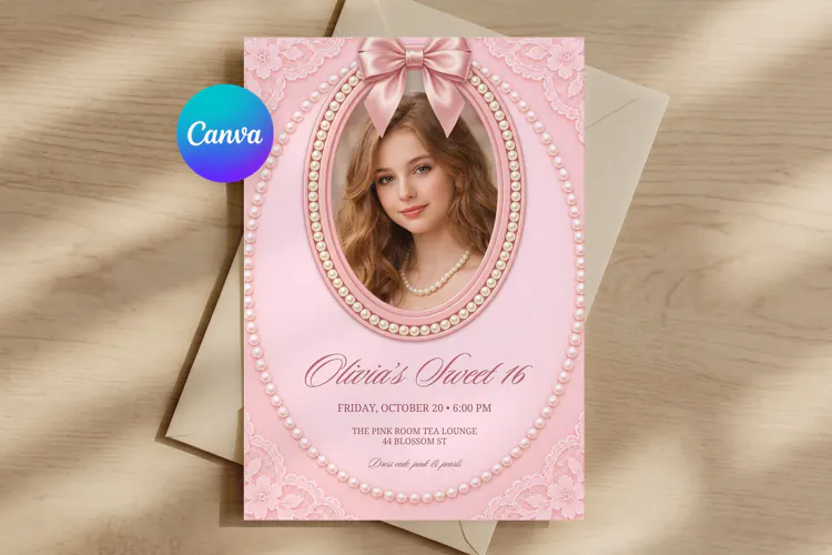 Sweet 16 Photo Invitation Template, Editable Pink Pearl