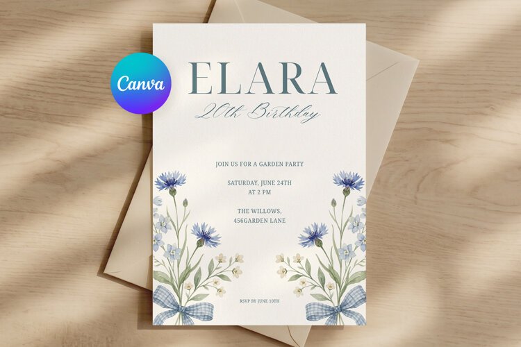 Blue Floral Birthday Invitation Template Editable Canva example image 1