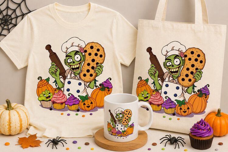 Halloween Zombie Chef PNG | Spooky Baker Cookie Pumpkin example image 1