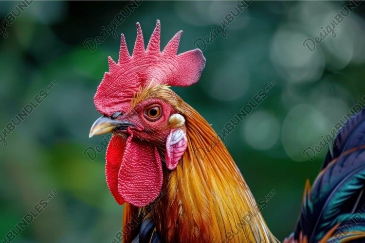 Closeup of a colorful rooster with a vibrant red comb agains
