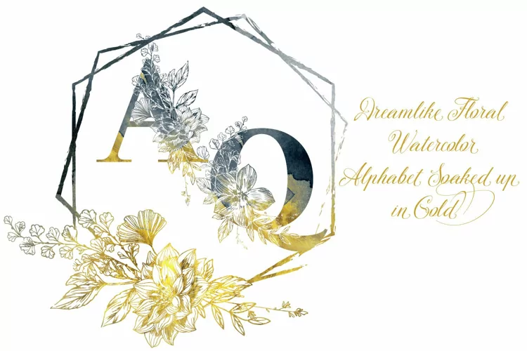 Dreamlike Floral Watercolor Alphabet Gold Touched