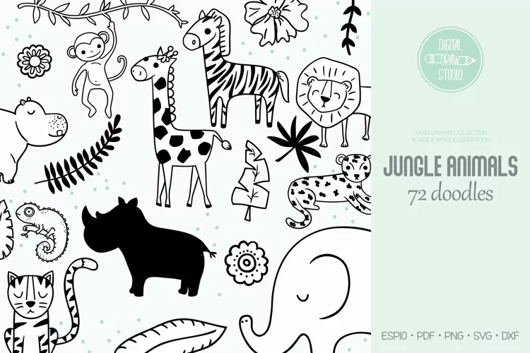 Jungle Animals Doodles | Hand Drawn Tropical leafs