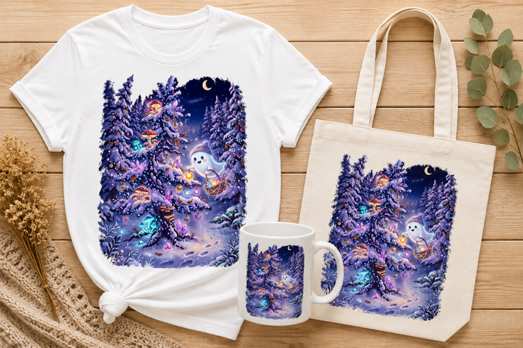 Cute Ghost Decorating Snowy Christmas Tree Lavender Art