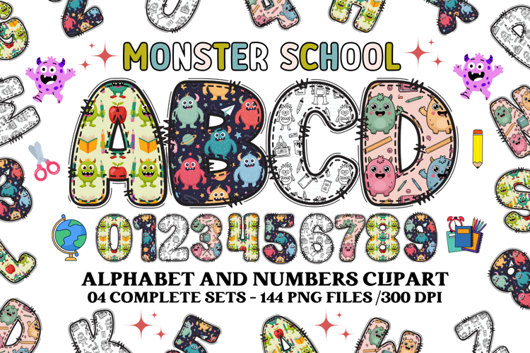 CUTE MONSTER SCHOOL Alphabet A-Z Numbers Clipart PNG 300 DPI