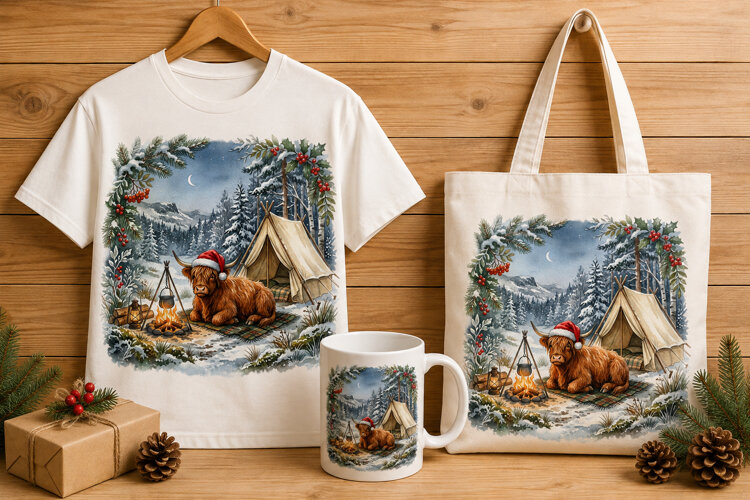 Highland Cow Camping by Campfire Winter Art Print example image 1