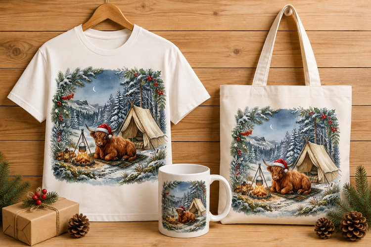 Highland Cow Camping by Campfire Winter Art Print