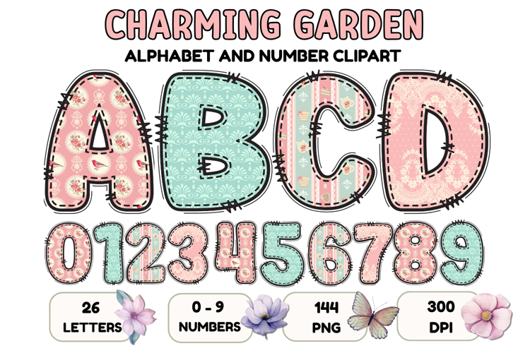Charming Garden Doodle Alphabet PNG Letters & Numbers 300DPI