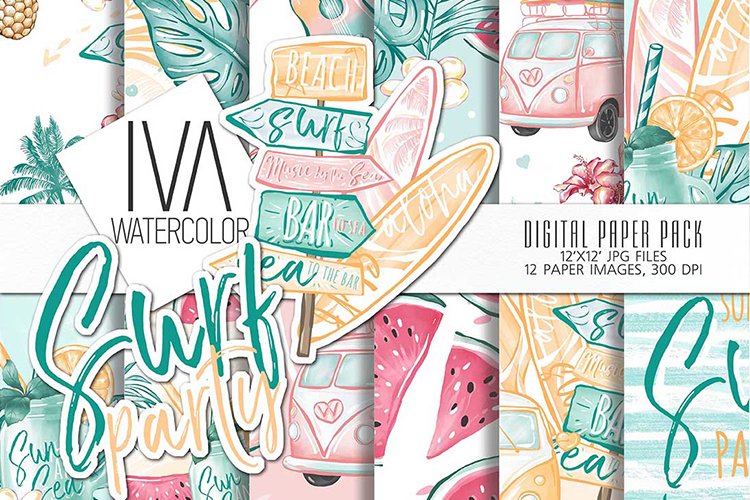 Summer digital paper, Surfing digital paper example image 1