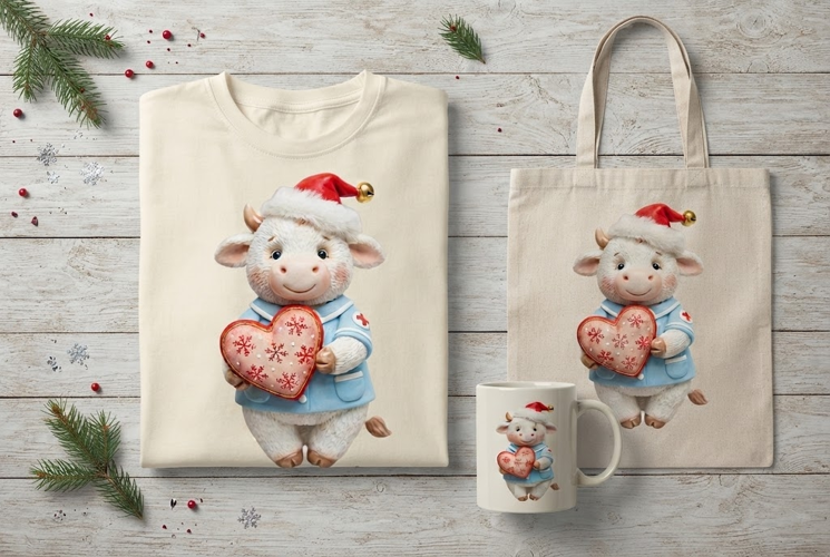 Christmas Nurse Cow Snowflake Heart Holiday Art Print