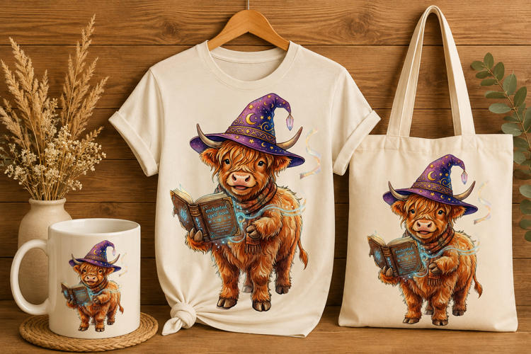 Wizard Highland Cow Magic Spell Book Fantasy Art Print